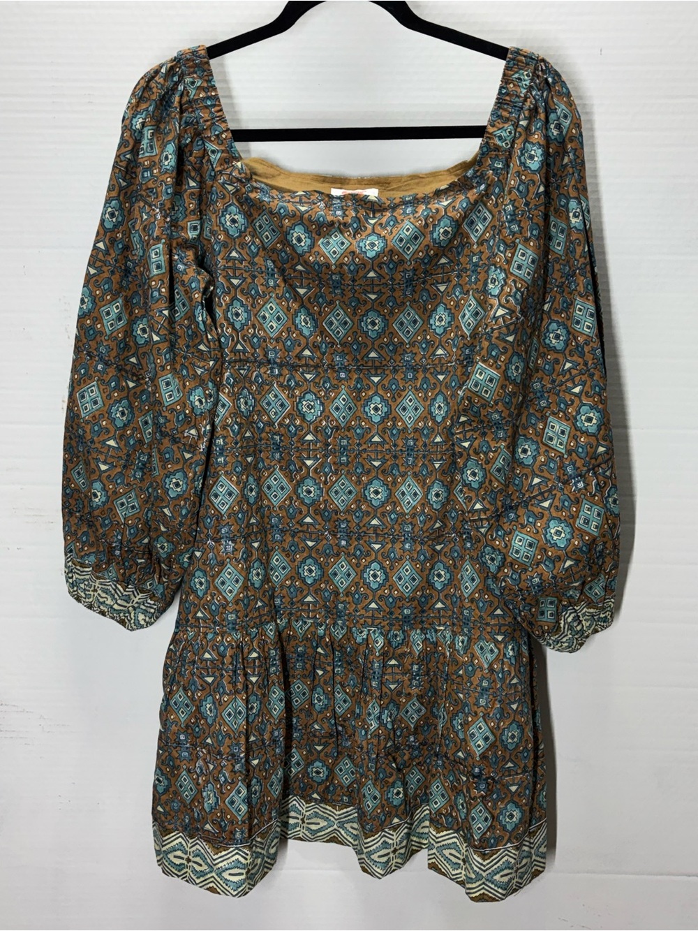 Victoria Dunn Boho Print Puff-Sleeve Dress in Brown and Teal